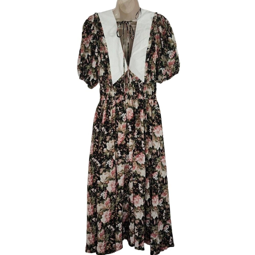 En Saison Dark Floral Collar Smocked Dress Cottage Size M Short Sleeve Prairie - Picture 5 of 9